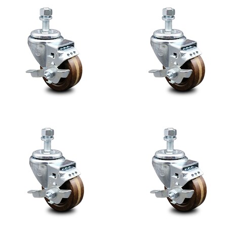 Service Caster 3 Inch High Temp Phenolic Swivel 10mm Threaded Stem Caster Set with Brake SCC-TS20S314-PHSHT-TLB-M1015-4